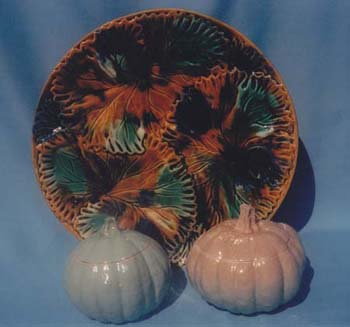 Majolica Leaf Plate and Pumpkin Pots